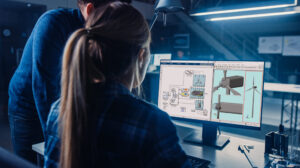 Engineer working on desktop computer, screen showing CAD software with technical blueprints. The project manager explains job specifics in an industrial design engineering facility office.