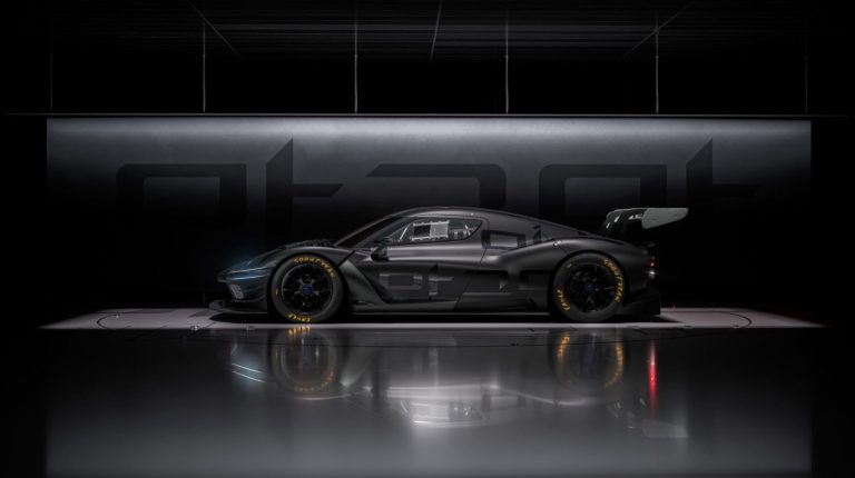 Genesis Magma GT3 Concept unveiled Profile photo of the new Genesis Magma GT3 Concept in a dark black showroom.