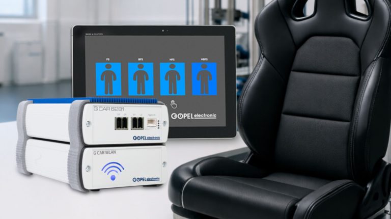 The Göpel Electronic the SmartController pictured in promo pics with a display screen behind it and a automotive chair on the right hand side.