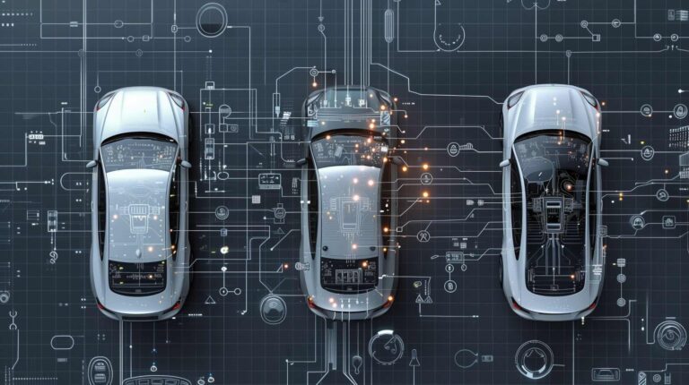 Hyundai Mobis joins S-Core project to advance SDV software platform development Three software-defined vehicles parked in parallel on a large circuit board with orange dots demonstrating their software and connectivity.