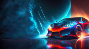 Firefly car with neon blue and red colors, and hot and cold dark background fire.