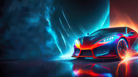 Firefly car with neon blue and red colors, and hot and cold dark background fire.