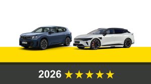 BMW iX3 and Zeekr 7GT in promo pics above five yellow stars.