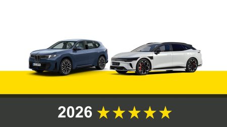 BMW iX3 and Zeekr 7GT in promo pics above five yellow stars.