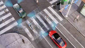 Digram of a red connected vehicle approaches a four-way intersection.