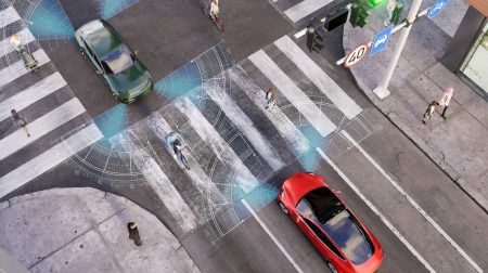Digram of a red connected vehicle approaches a four-way intersection.