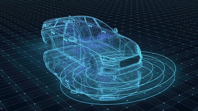 A schematic diagram of a car against a dark blue background with a grid.