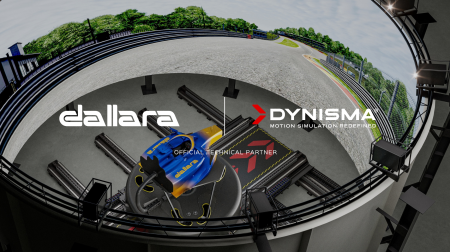 A Dynisma DMG‑360XY simulator with the Dynisma and Dallara company logos superimposed on the top.