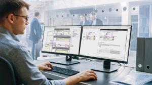 A male engineer looks at NI Nigel AI displayed on two adjacent screens in a laboratory office environment.