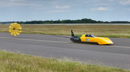 The JCB Hydromax undergoes testing on a racetrack in the UK
