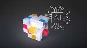 A multi-colored cube and a graphic representing an AI agent.