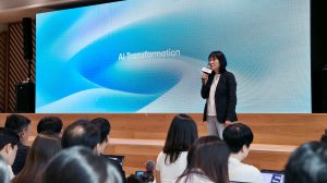 Eunsook Jin, president and head of the ICT management division at Hyundai, delivers a presentation at the Beyond AI – Transforming the Way We Work showcase.
