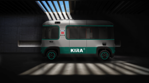 A green and white KIRA+ project autonomous vehicle in a parking lot.