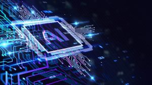 A glowing microprocessor sits on a dark circuit board, with electric blue and violet pathways radiating outward, evoking futuristic computing.