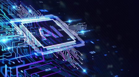 A glowing microprocessor sits on a dark circuit board, with electric blue and violet pathways radiating outward, evoking futuristic computing.