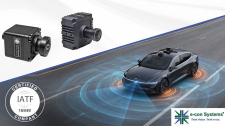 Automotive cameras and a diagram of a vehicle with orange circles around the wheels and underneath to demonstrate its sensors.